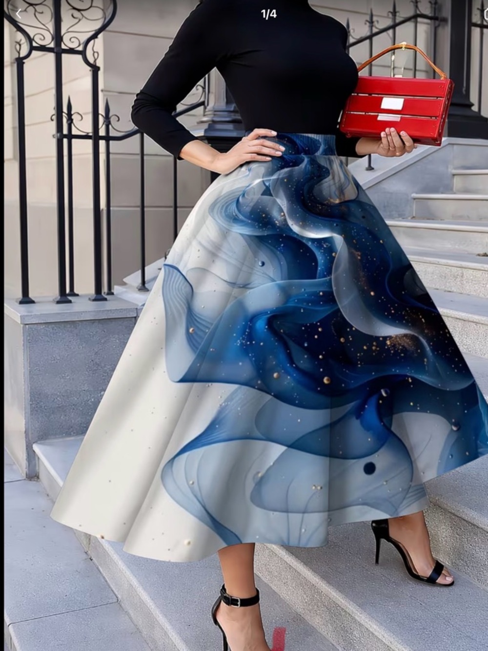 Plus Size 16/18 Blue Abstract Midi Skirt Elastic Waist 40” Flowy A-Line boho